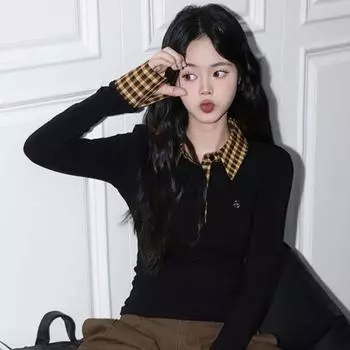 Весенне-осенняя женская футболка-поло с длинными рукавами и имитацией клетчатой ткани, состоящая из двух частей, облегающая, с воротником-поло S жёлтый