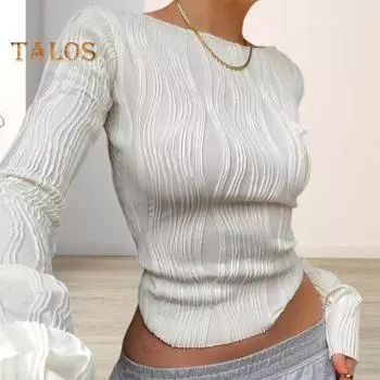 Весенне-осенняя женская футболка с длинным рукавом и круглым вырезом, облегающий топ, однотонный офисный женский плиссированный пуловер, топы, повседневная одежда S чёрный