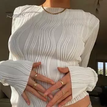 Весенне-осенняя женская футболка с длинным рукавом и круглым вырезом, облегающий топ, однотонный офисный женский плиссированный пуловер, топы, повседневная одежда S чёрный