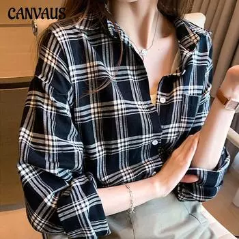 Весенне-осенняя женская футболка с клетчатым принтом в стиле ретро, свободная и универсальная рубашка с длинными рукавами с лацканами, женские топы, блузка S белый