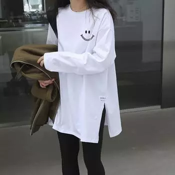 Весенне-осенняя женская футболка с принтом Harajuku, с длинным рукавом и круглым вырезом, футболки с боковым разрезом, корейская повседневная футболка большого размера, женские белые топы, уличная одежда y2k M