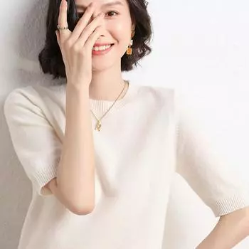 Весенне-осенняя женская футболка, трикотажная рубашка, пуловер с короткими рукавами и круглым вырезом, трикотажная нижняя рубашка, свитер с половиной рукавов S бежевый