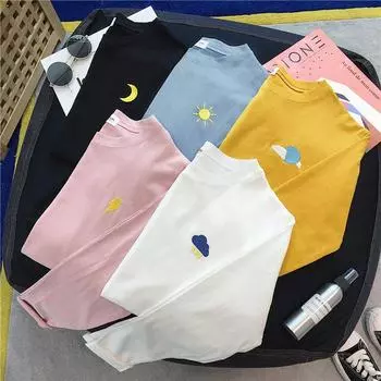 Весенне-осенняя женская футболка в стиле Харадзюку с забавной вышивкой, футболки с длинным рукавом и круглым вырезом, корейская повседневная свободная футболка, черные топы M чёрный