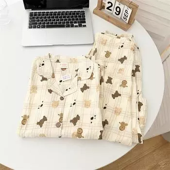 Весенне-осенняя женская хлопковая пижама с рисунком медведя в клетку, домашний костюм, комплект для девочек с длинными рукавами, домашний костюм с рисунком M