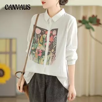 Весенне-осенняя женская хлопково-льняная рубашка больших размеров, литературные свободные повседневные топы, модная блузка с длинным рукавом с принтом M