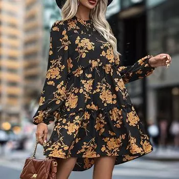 Весенне-осенняя женская коллекция платьев с ретро-принтом, элегантное пригородное платье S чёрный