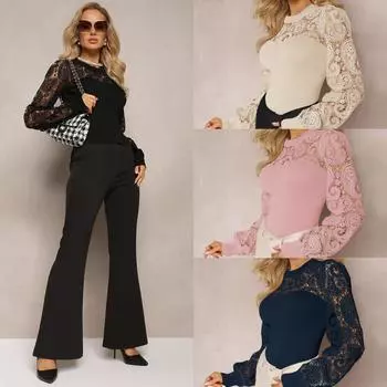 Весенне-осенняя женская кружевная блузка с ажурным узором, длинный рукав, повседневные свободные трикотажные топы, большой размер S бежевый