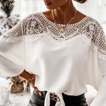 Весенне-осенняя женская кружевная рубашка с длинным рукавом, однотонные топы для поездок на работу, с круглым вырезом, маленькая рубашка S белый