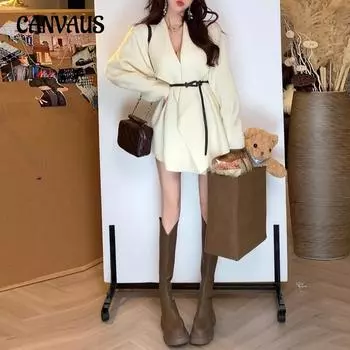 Весенне-осенняя женская куртка, модный нежный темпераментный вязаный кардиган с лацканами средней длины с поясом One Size абрикосовый