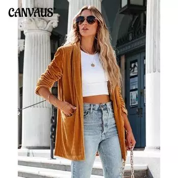 Весенне-осенняя женская куртка, свободная золотая бархатная куртка с длинными рукавами и карманами, кардиган