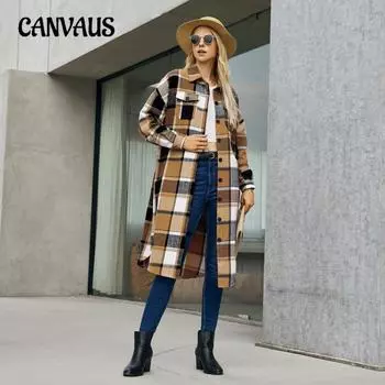 Весенне-осенняя женская куртка в клетку размера плюс, средний длинный плащ, однобортная винтажная куртка S