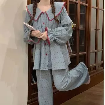 Весенне-осенняя женская милая пижама с кукольным воротником, домашний наряд для девочек, хлопковые свободные брюки с длинным рукавом, домашний наряд M розовый