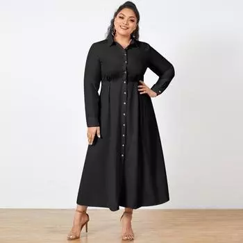 Весенне-осенняя женская мода OL сексуальное длинное платье с воротником с лацканами с длинным рукавом и пуговицами однотонное повседневное свободное платье-рубашка макси плюс размер Kleid FZH
