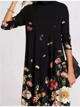 Весенне-осенняя женская мода с принтом, полувысоким воротом, длинными рукавами, свободное платье, женское платье в стиле ретро с принтом в уличном стиле S