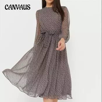 Весенне-осенняя женская мода с принтом в горошек, длинными рукавами, круглым вырезом и высокой талией, повседневное платье S чёрный