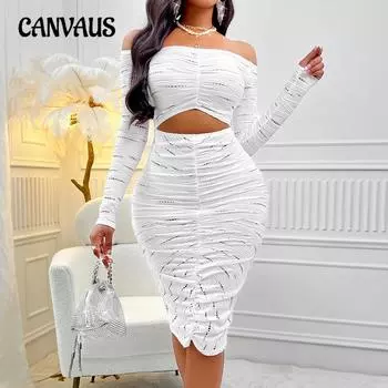 Весенне-осенняя женская мода сексуальное однотонное платье на одно плечо с длинным рукавом и вырезом S белый