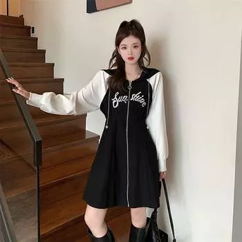 Весенне-осенняя женская мода, уменьшающая возраст, с принтом букв, застежкой-молнией, контрастным большим капюшоном, А-силуэта M чёрный