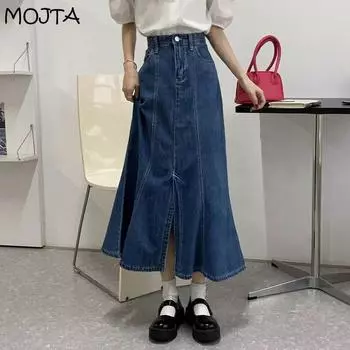 Весенне-осенняя женская модная повседневная джинсовая юбка больших размеров с высокой талией, юбка трапециевидной формы средней длины на бедрах XL синий