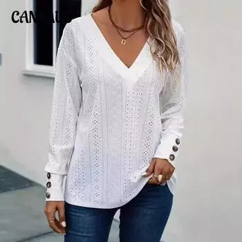 Весенне-осенняя женская модная рубашка-пуловер с V-образным вырезом и длинными рукавами S белый