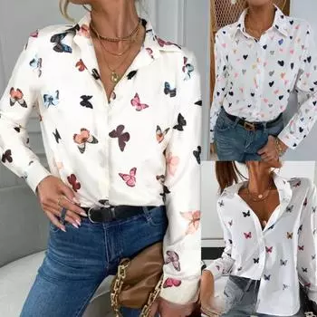 Весенне-осенняя женская модная рубашка с длинными рукавами и принтом, рубашка с лацканами и принтом бабочки S