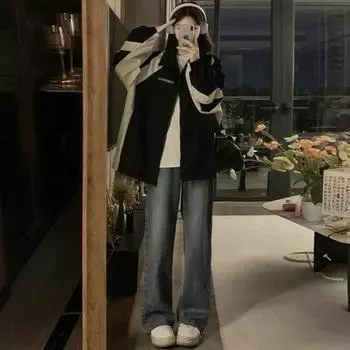 Весенне-осенняя женская модная свободная повседневная бейсбольная куртка соответствующего цвета XXXL чёрный