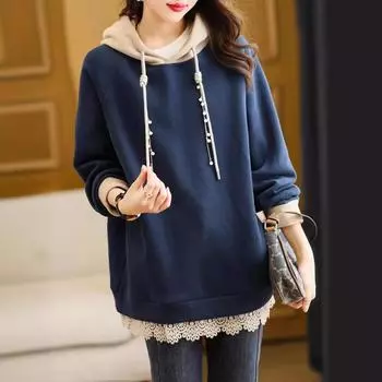 Весенне-осенняя женская модная толстовка с капюшоном из бархата в тон XXXXL синий