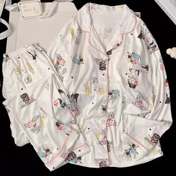 Весенне-осенняя женская модная вечерняя пижама с принтом щенка, комплект домашней одежды для девочек, комплект брюк с длинными рукавами, осенняя домашняя одежда M