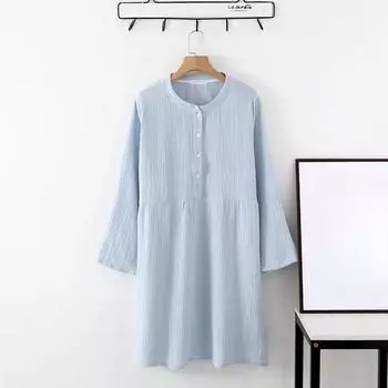 Весенне-осенняя женская ночная рубашка с длинным рукавом из 100% хлопкового крепа с круглым вырезом на пуговицах, однотонное платье для дома, ночная рубашка M