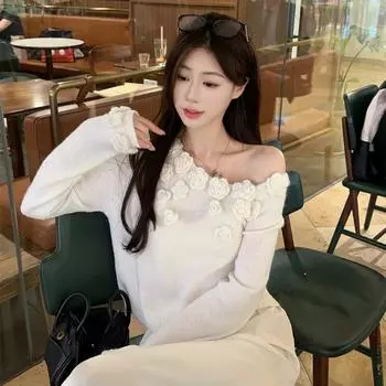 Весенне-осенняя женская новая объемная роза на плечах короткая милая длинная кофта с длинными рукавами One Size белый