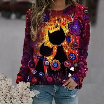Весенне-осенняя женская новая повседневная футболка с 3D животным принтом кота, пуловер, модный повседневный уличный топ с длинными рукавами в стиле Харадзюку M