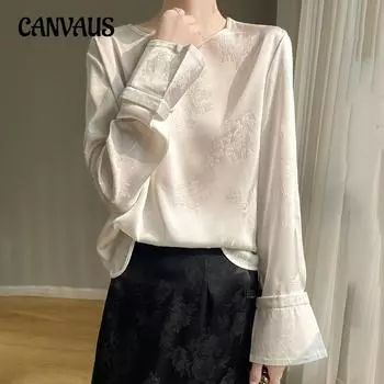 Весенне-осенняя женская новая рубашка в китайском национальном стиле, жаккардовая однотонная модная тонкая рубашка с круглым вырезом M белый