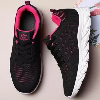 Весенне-осенняя женская обувь, легкая повседневная обувь, кроссовки на плоской подошве, модная спортивная женская обувь с летающим плетением 35 чёрный/ярко-розовый