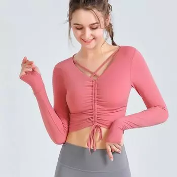 Весенне-осенняя женская одежда для йоги, спортивный топ для фитнеса, кросс-йоги, футболка с длинным рукавом и накладкой на грудь S чёрный