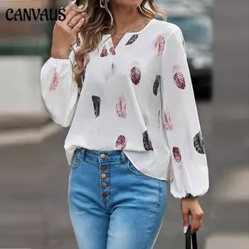 Весенне-осенняя женская одежда, свободная футболка с v-образным вырезом и длинными рукавами, топы с принтом перьев, повседневные футболки, женские рубашки S белый