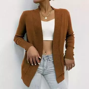 Весенне-осенняя женская однотонная куртка с карманом, вязаный свитер S верблюд