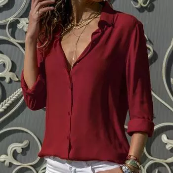 Весенне-осенняя женская однотонная шифоновая блузка на пуговицах, повседневные топы с длинными рукавами больших размеров S белый