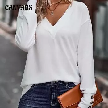 Весенне-осенняя женская однотонная свободная футболка с V-образным вырезом и длинными рукавами на пуговицах больших размеров