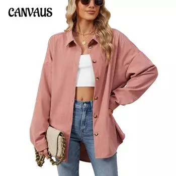 Весенне-осенняя женская однотонная свободная рубашка с длинным рукавом и пуговицами на лацканах S розовый