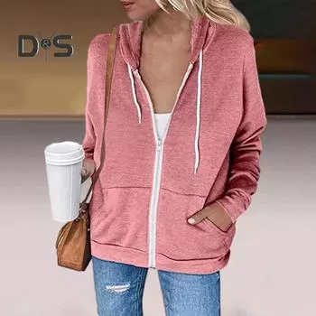 Весенне-осенняя женская однотонная толстовка с капюшоном и шнурком с длинными рукавами и карманами на молнии, утолщенная верхняя одежда M красный