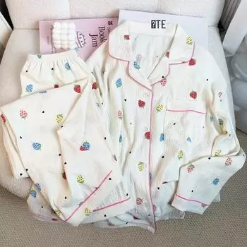 Весенне-осенняя женская пижама Cloud Cotton с длинными рукавами - комплект кардигана Sweet Strawberry MM-2835#, 2XL