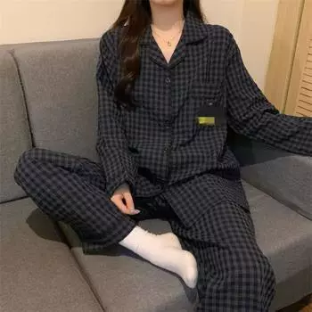 Весенне-осенняя женская пижама, домашний комплект для девочек с длинным рукавом, весенне-осенний домашний комплект в клетку с рисунком M