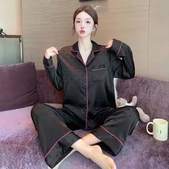 Весенне-осенняя женская пижама, домашний костюм Love Jacquard, женский, с длинными рукавами, простой, для отдыха, для пожилых людей, чувство домашней одежды M чёрный
