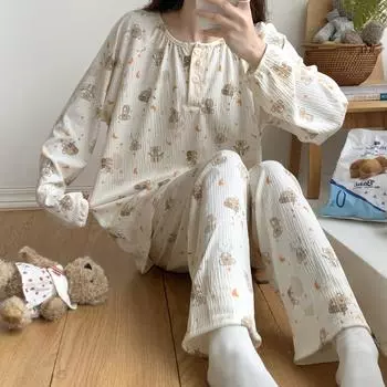Весенне-осенняя женская пижама, домашний костюм, женская пижама с длинными рукавами Zoubu Sweet Cartoon Leisure, домашний костюм M