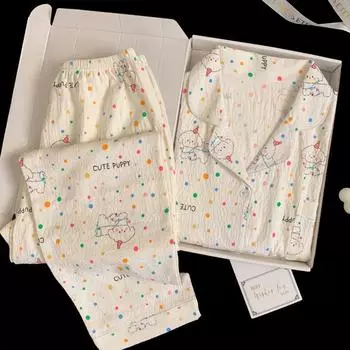 Весенне-осенняя женская пижама, домашняя одежда, из двух частей, хлопковая, с милым принтом в виде щенка в горошек, женская домашняя одежда с длинным рукавом M