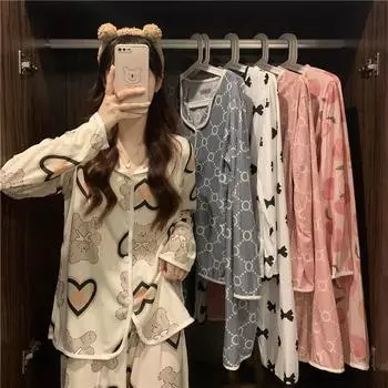 Весенне-осенняя женская пижама, домашняя одежда, комплект для девочек-студенток, женская тонкая часть простой ветровой пижамы, домашняя одежда M красный