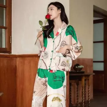 Весенне-осенняя женская пижама Ice Silk Thin Пижамный комплект с длинным рукавом Женская домашняя одежда Комплект M