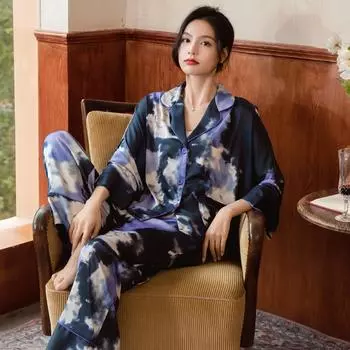 Весенне-осенняя женская пижама Ice Silk Thin Пижамный комплект с длинным рукавом Женская домашняя одежда Комплект M