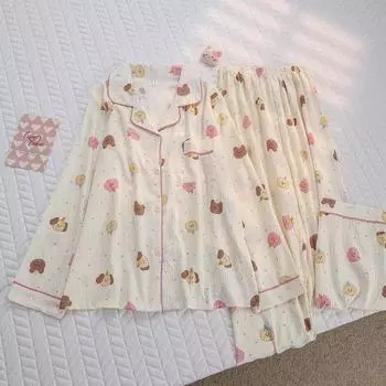 Весенне-осенняя женская пижама из двух частей, комплект домашней одежды для девочек и студентов, хлопковая пижама с рисунком из мультфильма, милая домашняя одежда M