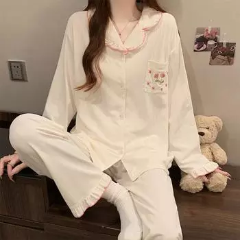 Весенне-осенняя женская пижама с цветком тюльпана, домашняя одежда, комплект для девочек, милая кружевная пижама с длинными рукавами для пожилых людей, домашняя одежда M