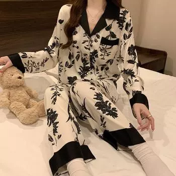 Весенне-осенняя женская пижама с длинными рукавами и длинными брюками с изображением пейзажа, комплект домашней одежды, пижама с изображением домашнего костюма M коричневый